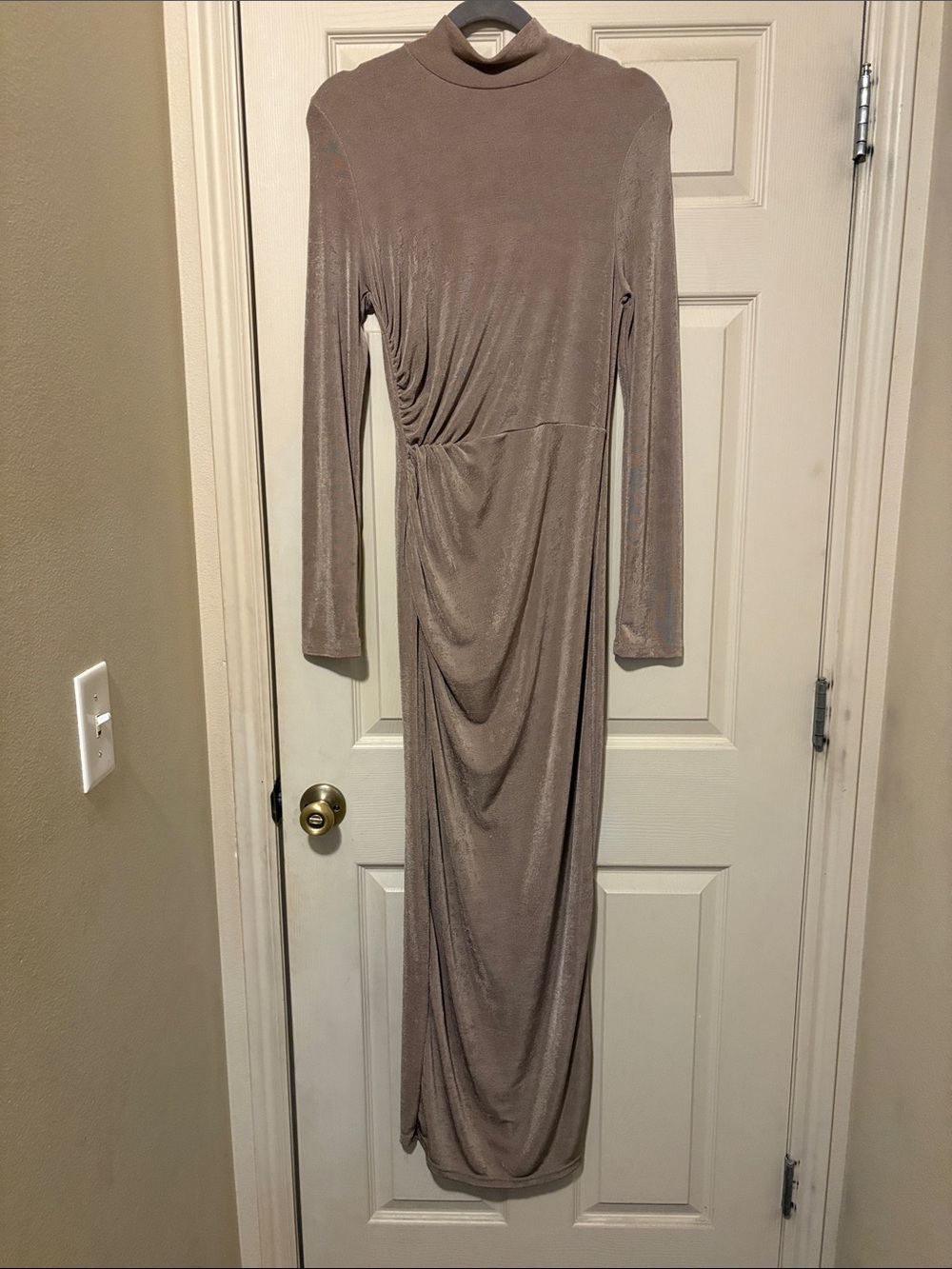 SHEIN Taupe Long Sleeve Ruched Maxi Dress